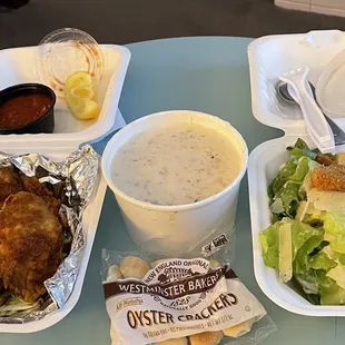 Starter pan fried oysters, cup of chowder and starter Caesar Salad