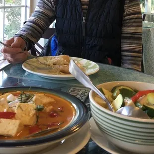 Panang curry tofu, spring rolls, and green curry. All delish!