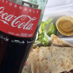 Steak quesadilla and mexican coke