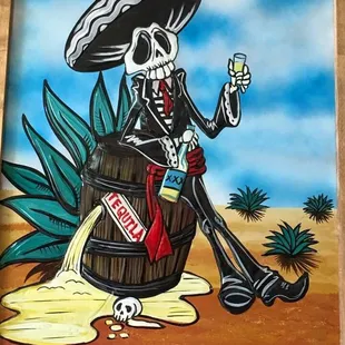 a painting of a skeleton drinking a beer