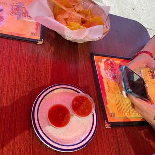 Chips and salsa to start. Salsa is spicy  b careful