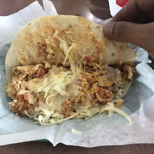 Inside of chilaquiles tacos