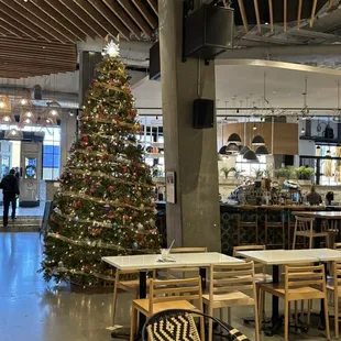 a christmas tree in a restaurant