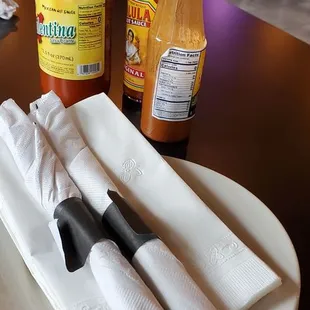 a plate with a knife and napkin