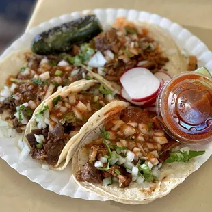 carne asada + pastor tacos