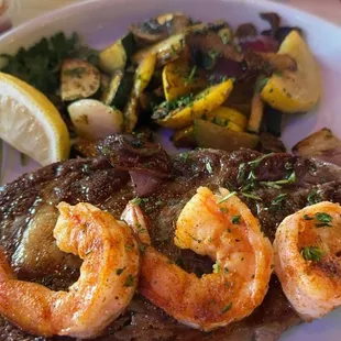 Ribeye, grilled shrimp and fresh veggies.