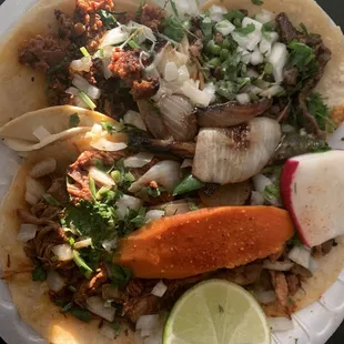 Asada, Chorizo, Birria, and Tripa tacos