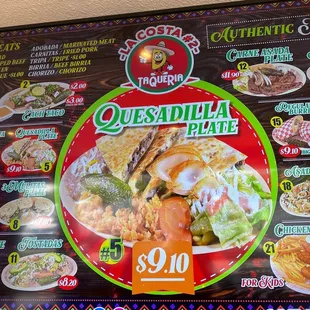 a menu for quesadilla plate