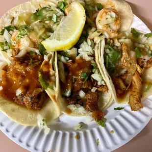 Pastor, Shrimp &amp; Chicken tacos.