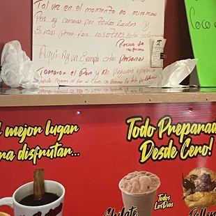a sign on the counter
