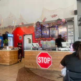 a stop sign in a restaurant