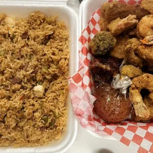 4 piece Catfish tenders, 6 lg Shrimp, Fried Broccoli, Sweet Potato Fries, Potatoes, and Jambalaya