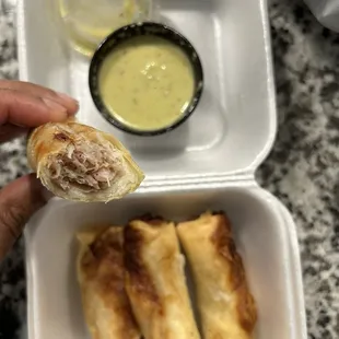 Egg rolls with some mystery sauce . Not impressed