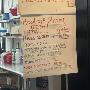 a menu for fresh crawfish