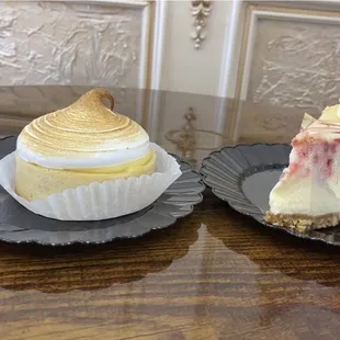 Lemon meringue tart and strawberry cheese cake.