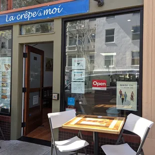 One of two outside tables.