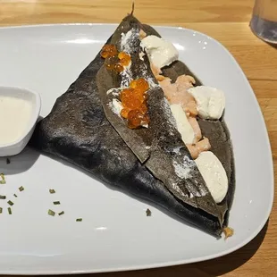 Squid ink salmon crepe