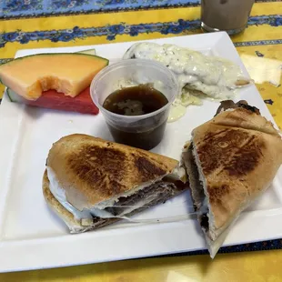 French dip sandwich and gratin potatoes
