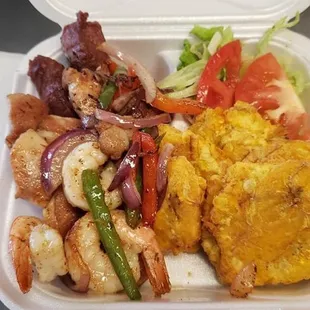 Shrimp, Carne Frita &amp; Chicken with Tostones (fried green plantains)
