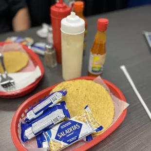 Tostadas and Salted Crackers along with Sauces