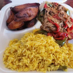 Ropa Vieja, yellow rice,  and sweet plantains! Yum!