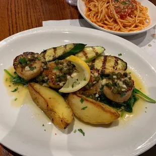 Grilled Zucchini and seared sea scallops with roasted potatoes