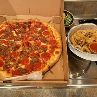 Sausage and Pepperoni large with calamari! Wonderful end to a stressful remote working Monday!