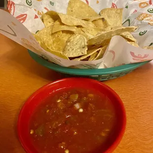 Warm chips, spicy salsa.
