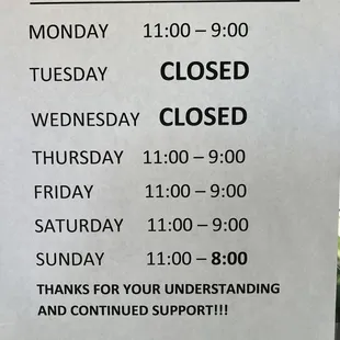 New Hours 9/15/2022