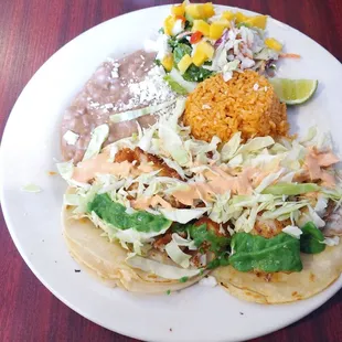 2 fish tacos plate (sea bass &amp; breaded halibut)