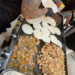 a tray of food being prepared