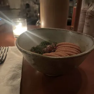 a bowl of food on a table