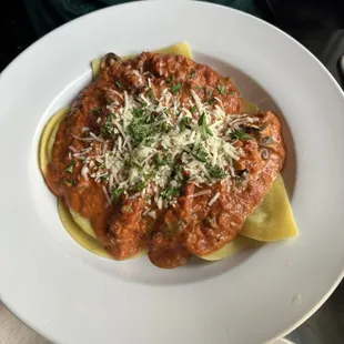 Ravioli, Spinach &amp; cheese panzerotti in mushroom marinara cream sauce.