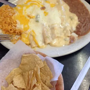 Green cheese enchiladas.  Pretty good. LOTS of cheese