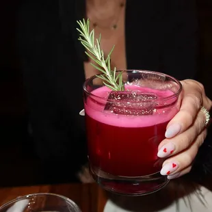 The Raices Profundas was made with La Luna Cupreata, Lejay Creme de Cassis, beet, lemon, rosemary, &amp; egg white.