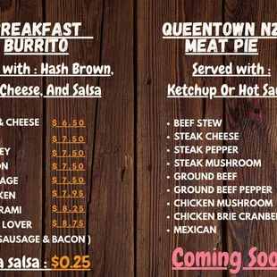 a menu for breakfast burrito