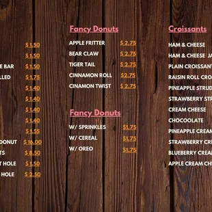 a menu for a pastry shop