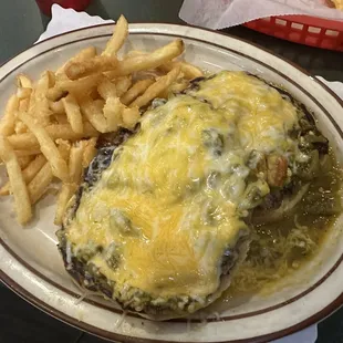 Hub city burger with double meat and green chile.