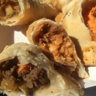 From left, picadillo, bbq chicken Gouda, Sundried tomato goat cheese