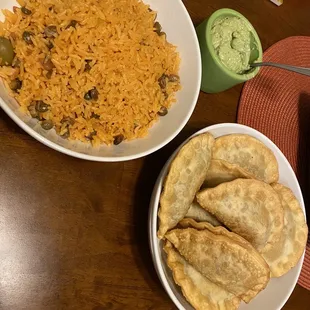 Beef empanadas y arroz con gandules