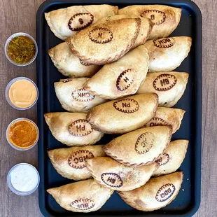 Humita Empanada, BBQ Pulled Pork Empanada, Beef &amp; Cheese Empanada, Beef &amp; Cheese Empanada, Beef Habanero Empanada