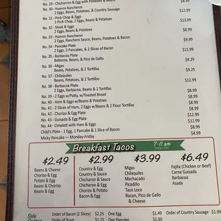 Breakfast menu