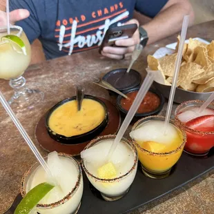 Margarita flight with queso and dips they bring out