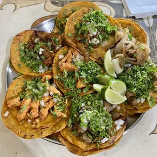 Grilled chicken tacos, shredded chicken tacos, carne asada tacos, Al pastor tacos. Their green sauce is good with it too.