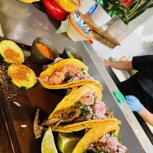 Smoke pork , Asada , and pastor tacos