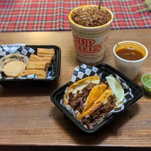 Birria Ramen, Birria Tacos X2, Churros