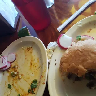 3 tacos de adobada and Torta de asada