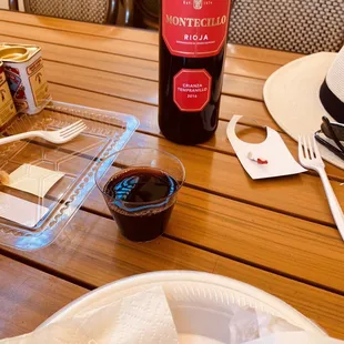 A nice bottle of Rioja. Sandwich at the bottom.