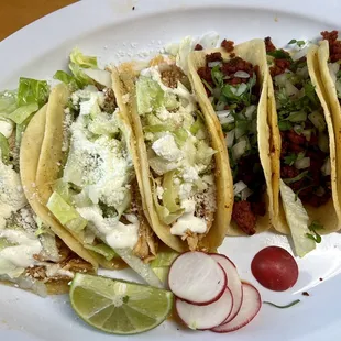 Chicken tacos, and chorizo tacos