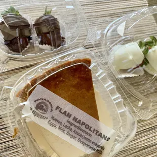 Napolitan Flan, chocolate strawberries